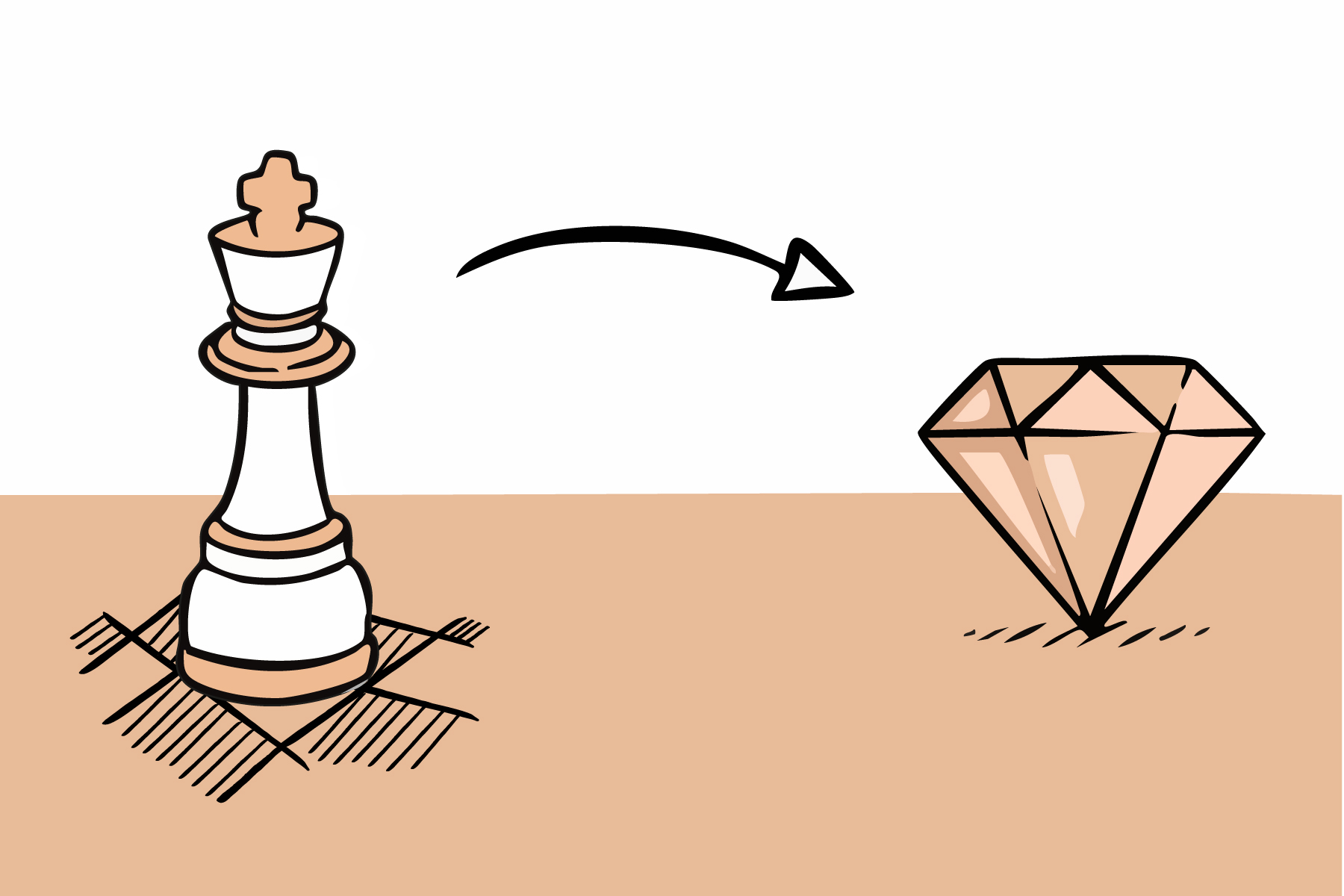 Eine Zeichnung einer Königs-Schachfigur mit einem Pfeil der auf einen Diamanten zeigt