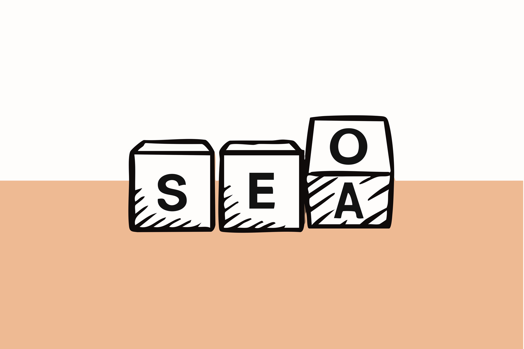 Eine Zeichnung dreier Bauklötze mit den Buchstaben SEA. Das A fällt zu einem O um.