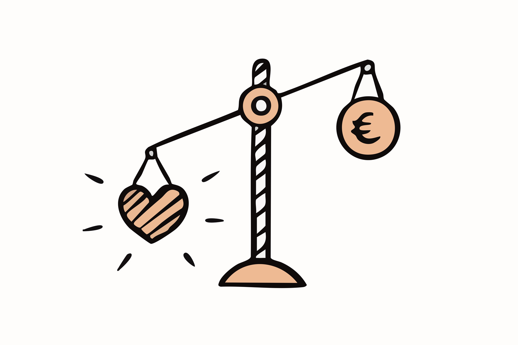 Eine Zeichnung einer Waage. Geld gegen Herz. Das Herz wiegt mehr