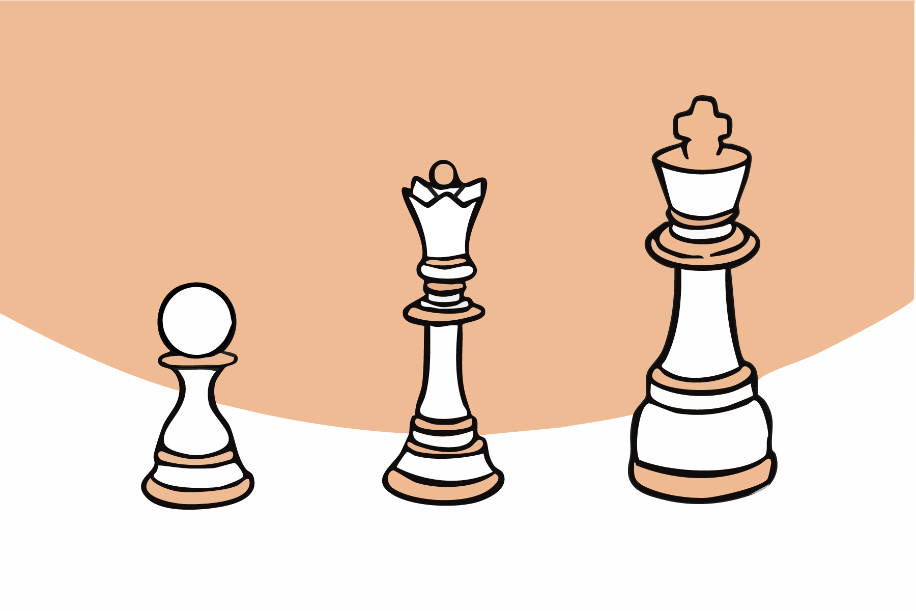 Eine Zeichnung von drei Schachfiguren: Bauer, Königin und König