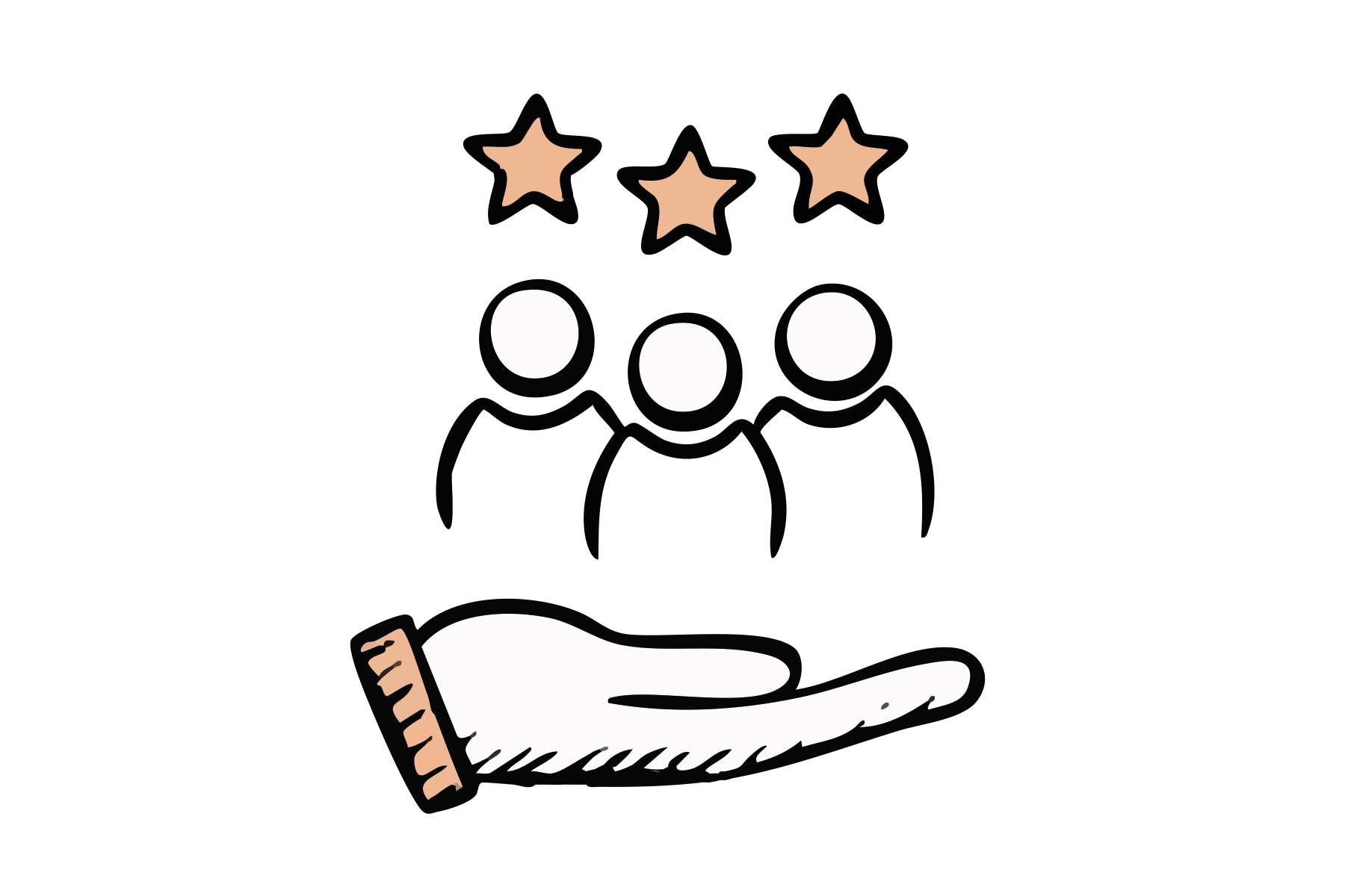 Eine Grafik die eine Hand und 3 Personen mit Sternen über den Köpfen zeigt.