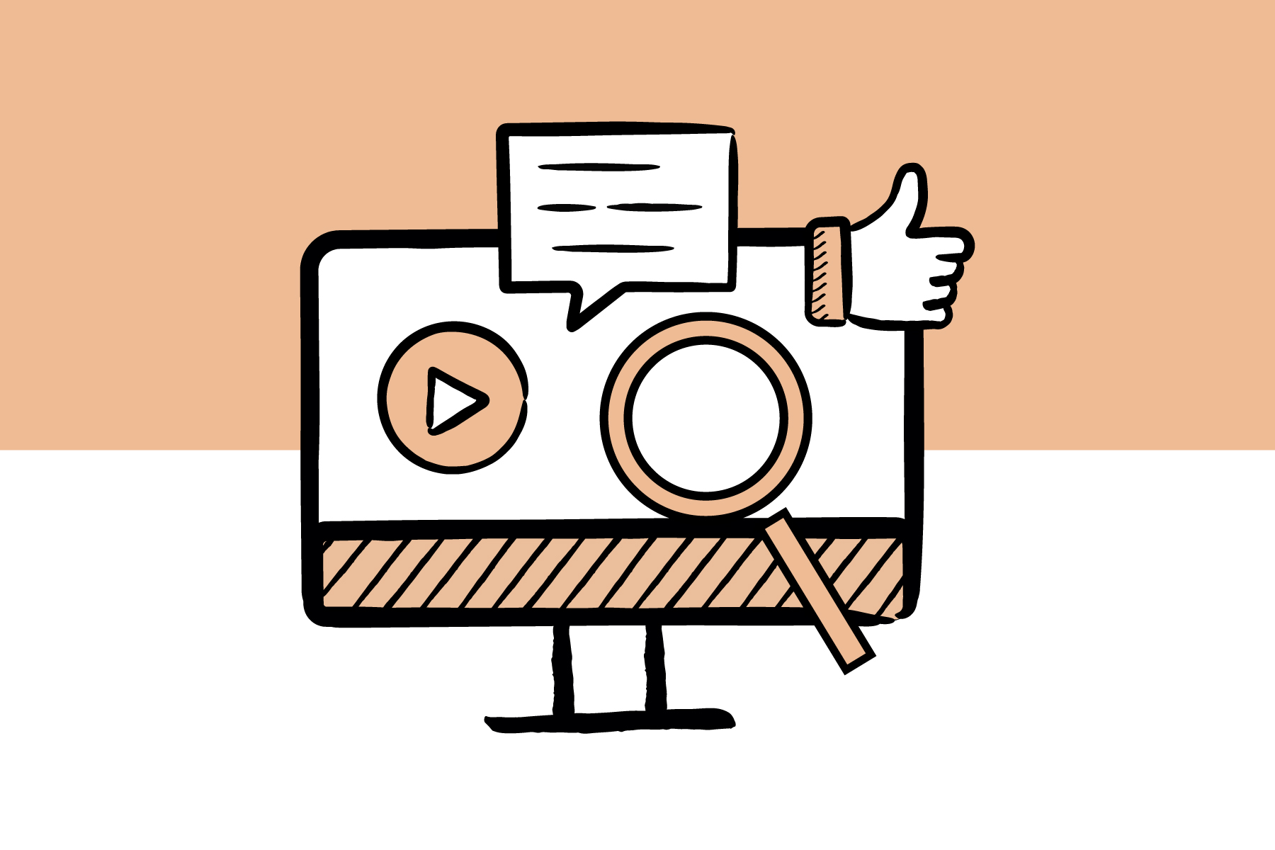 Illustration eines Computerbildschirms mit Play-Button, Suchlupe und Sprechblase; eine Hand zeigt den Daumen nach oben – Symbol für Online-Inhalte, Suche, Kommunikation und positive Bewertung bzw. starke Online-Präsenz.