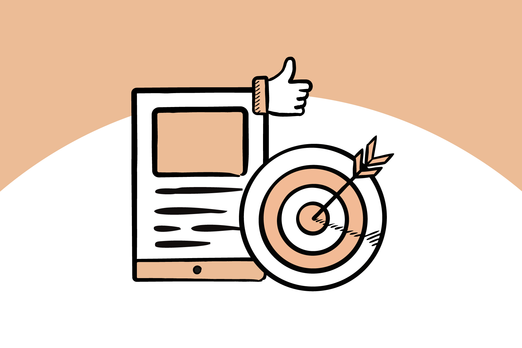 Illustration eines Smartphones mit Daumen-hoch-Symbol und einer Zielscheibe mit Pfeil