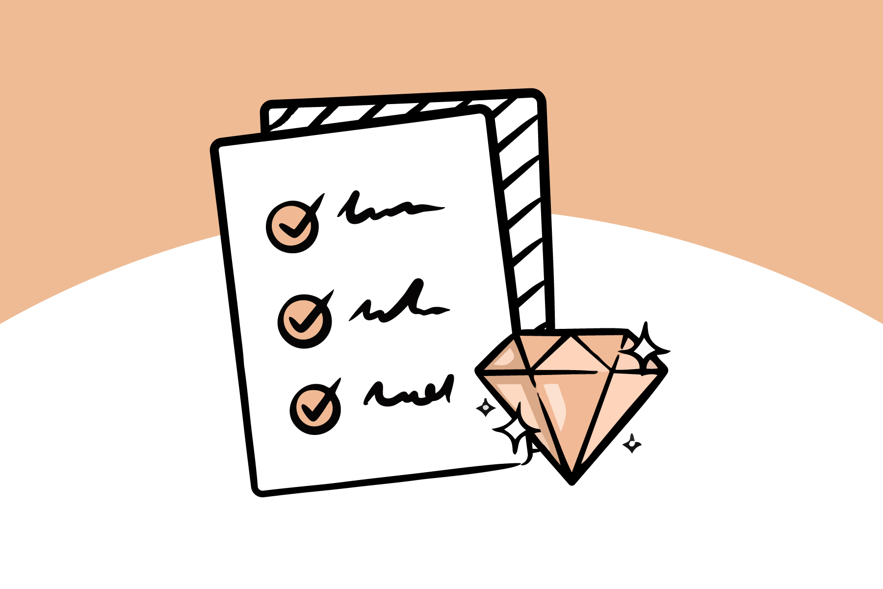 Illustration einer Checkliste mit drei abgehakten Punkten und einem Diamanten