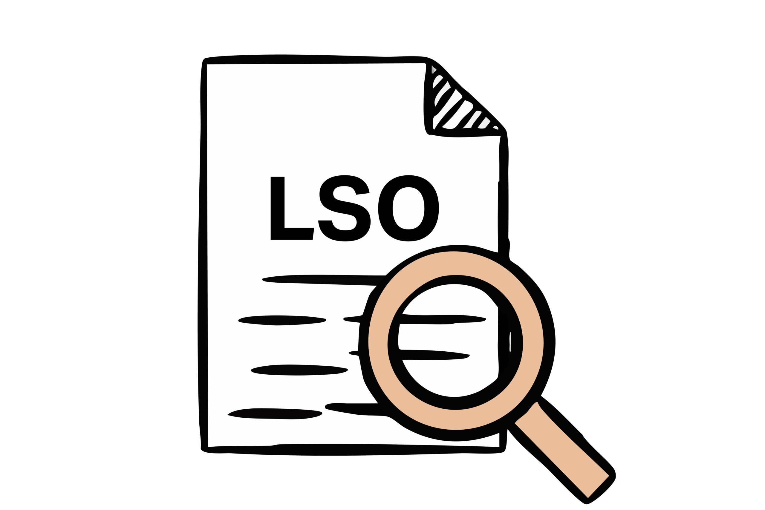 Eine Illustration eines Papierdokuments mit der Aufschrift „LSO“, das durch eine Lupe betrachtet wird.