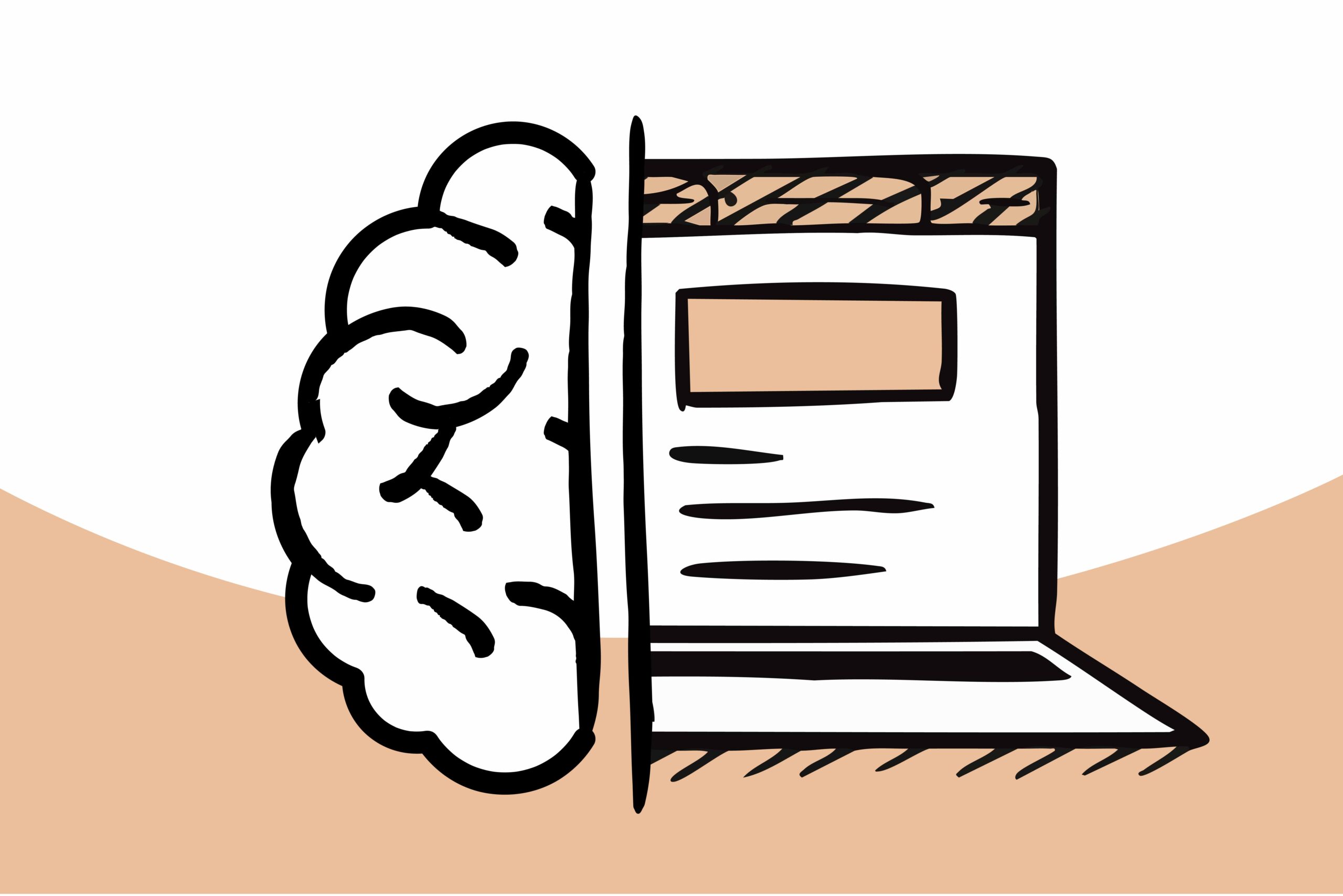 Eine Illustration, die ein menschliches Gehirn zeigt, daneben einen Laptop-Bildschirm.