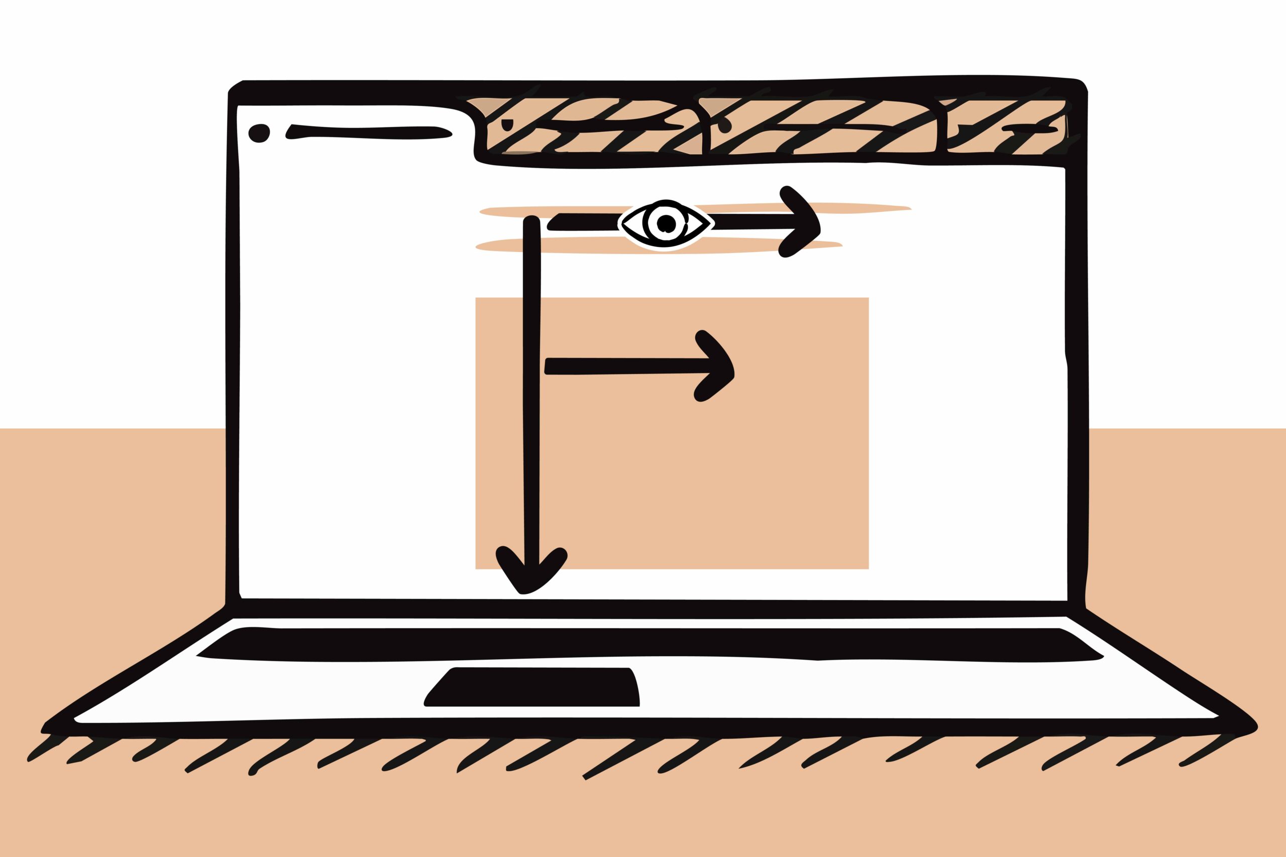 Eine Illustration eines Laptops, auf dessen Bildschirm das „F-Schema“ der Blickverlauf-Forschung (Eye-Tracking) dargestellt ist. Ein Auge-Symbol und drei Pfeile formen den Buchstaben „F“.