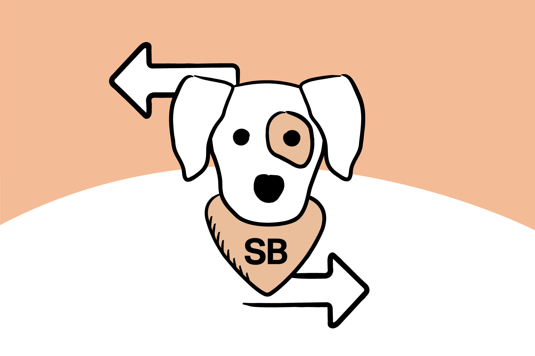 Illustration des Kopfes des Spitzbub-Hundes, umrahmt von zwei geschwungenen Pfeilen.