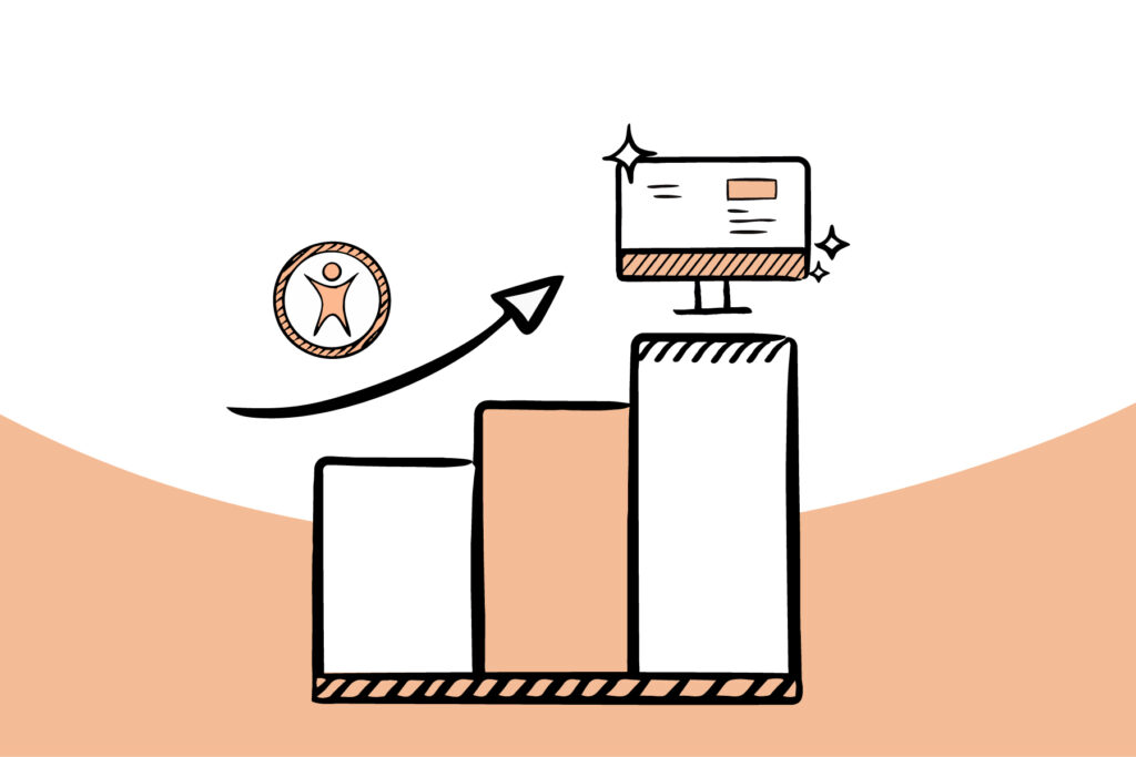 Eine handgezeichnete Illustration, die ein Balkendiagramm mit drei ansteigenden Stufen zeigt. Über den Balken wächst ein schwarzer Pfeil nach oben, der auf ein rundes Icon mit dem Barrierefreiheits-Symbol deutet. Auf der höchsten Stufe steht ein Computerbildschirm, der von Glitzersymbolen umgeben ist