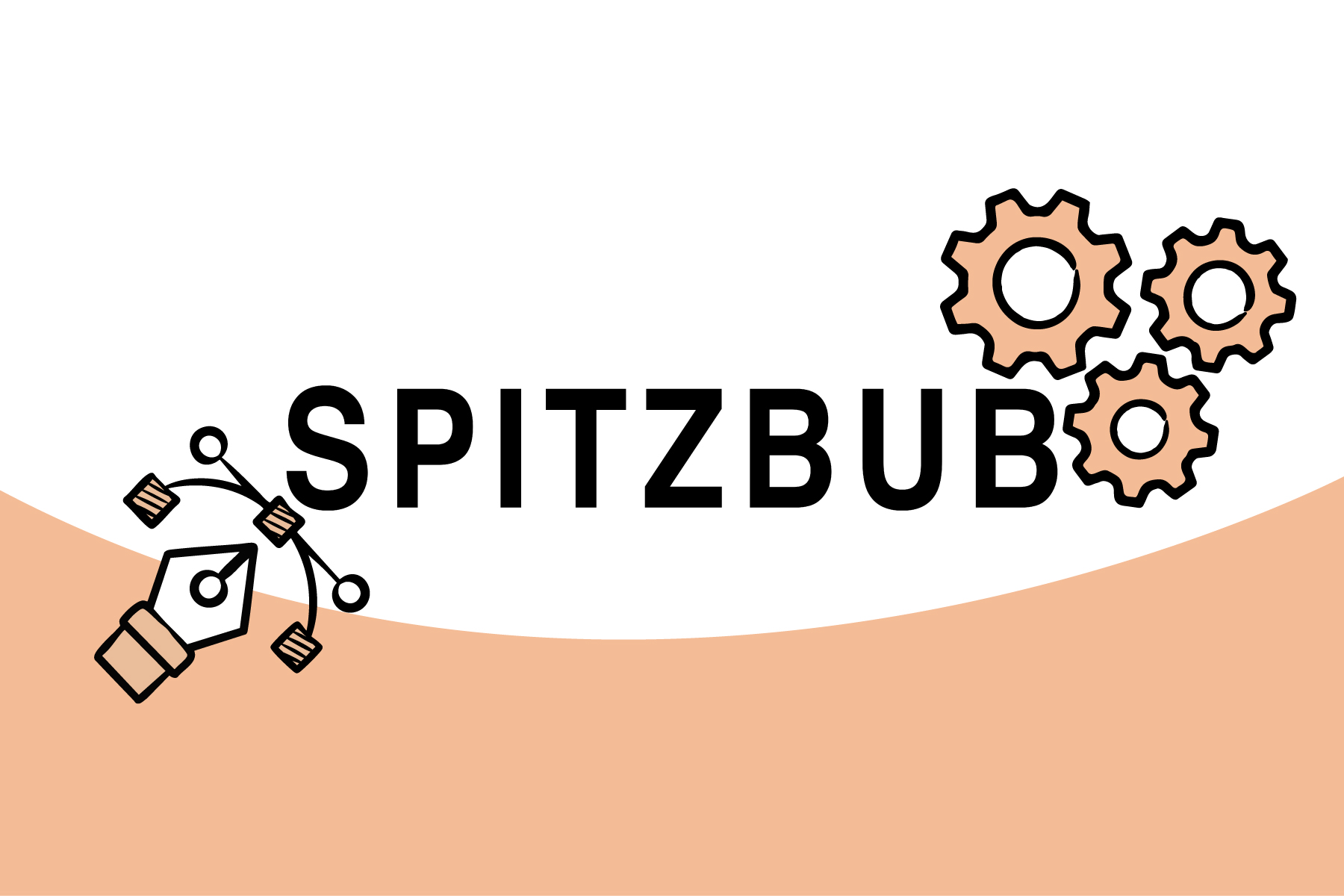 Logo der Agentur SPITZBUB mit dem Schriftzug in schwarzen Großbuchstaben, flankiert von einem grafischen Füllfederhalter links und drei ineinandergreifenden Zahnrädern rechts.