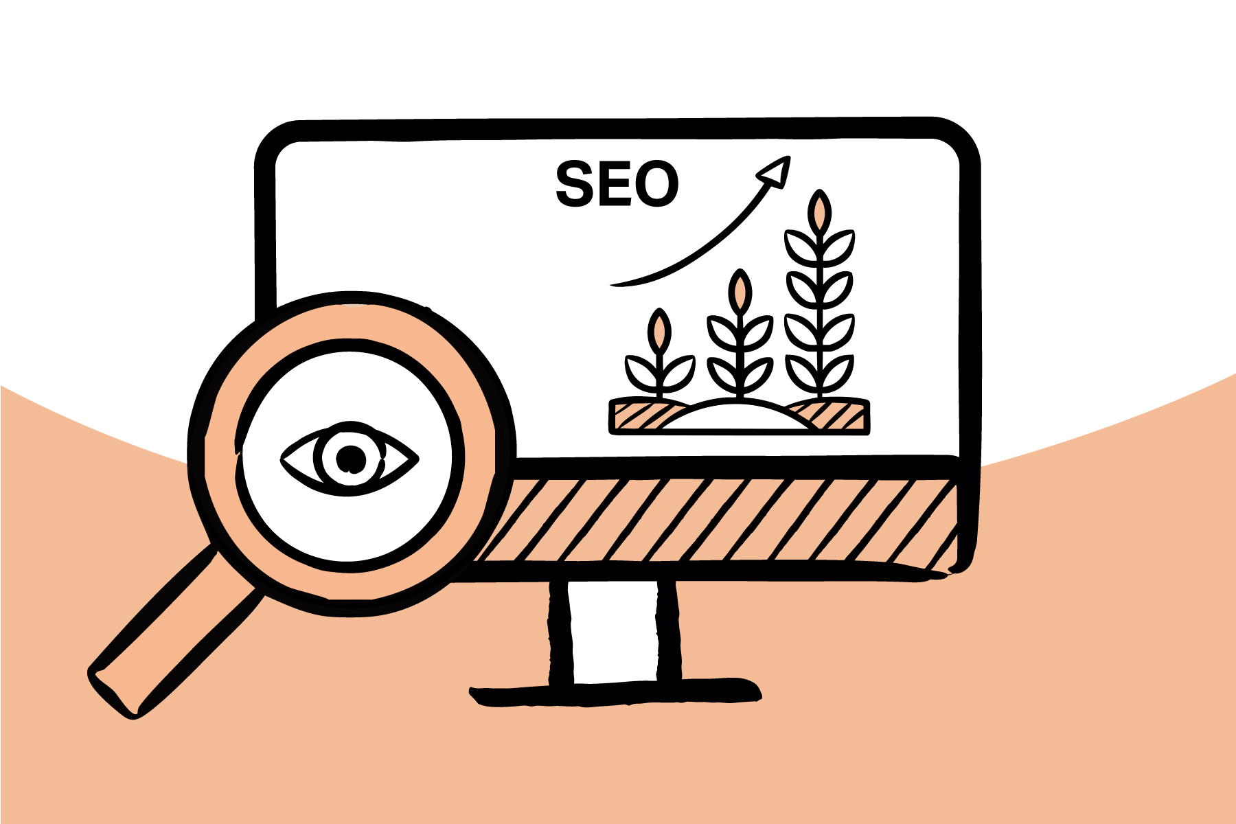 Eine Illustration, die einen Computerbildschirm zeigt, auf dem das Wort „SEO“ und ein aufsteigender Pfeil über drei wachsenden Pflanzen zu sehen sind. Im Vordergrund befindet sich eine Lupe mit einem Auge in der Linse.