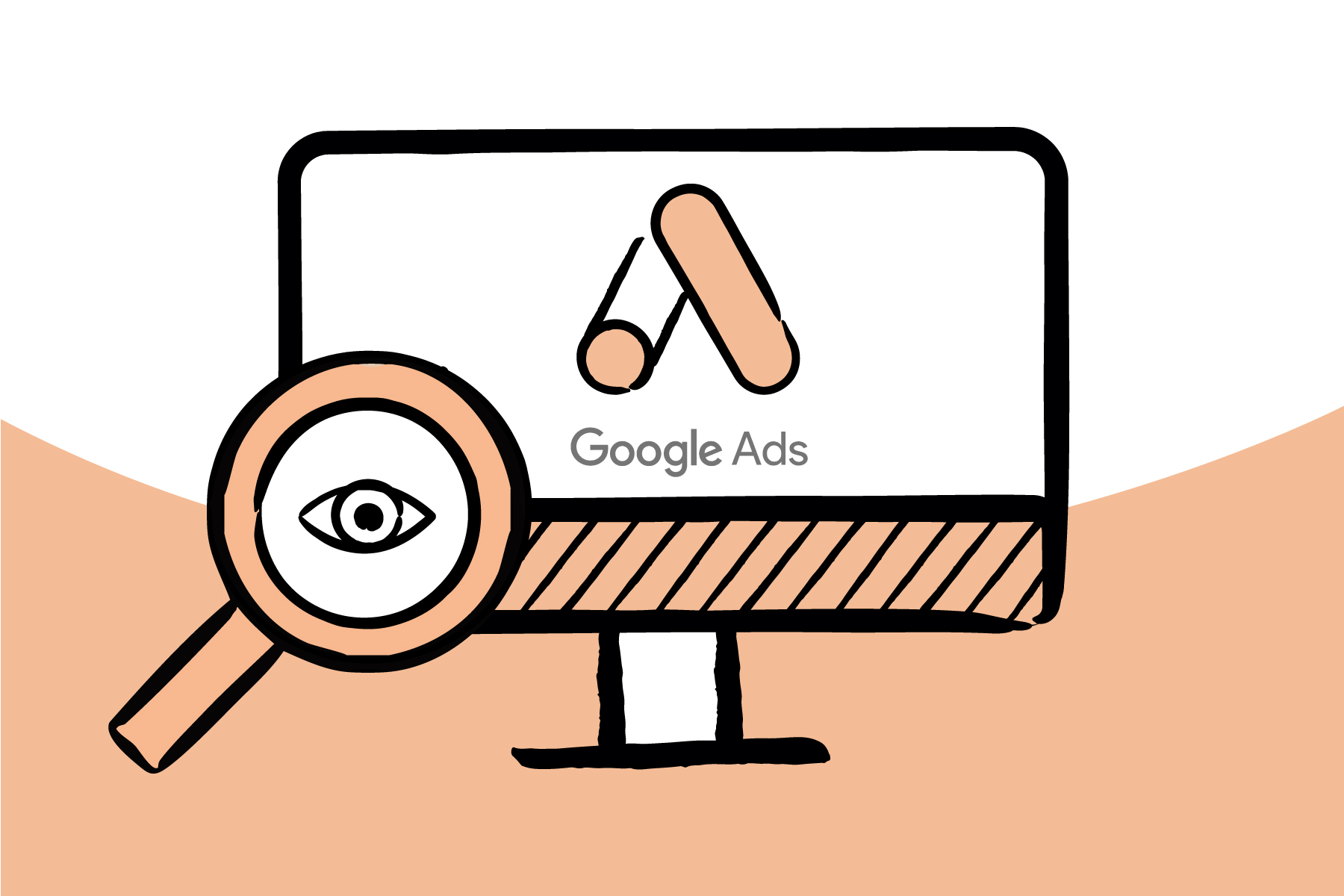 Illustration eines Computerbildschirms, auf dem das Google Ads-Logo zu sehen ist. Vor dem Monitor befindet sich eine große Lupe, in deren Mitte ein Auge abgebildet ist.