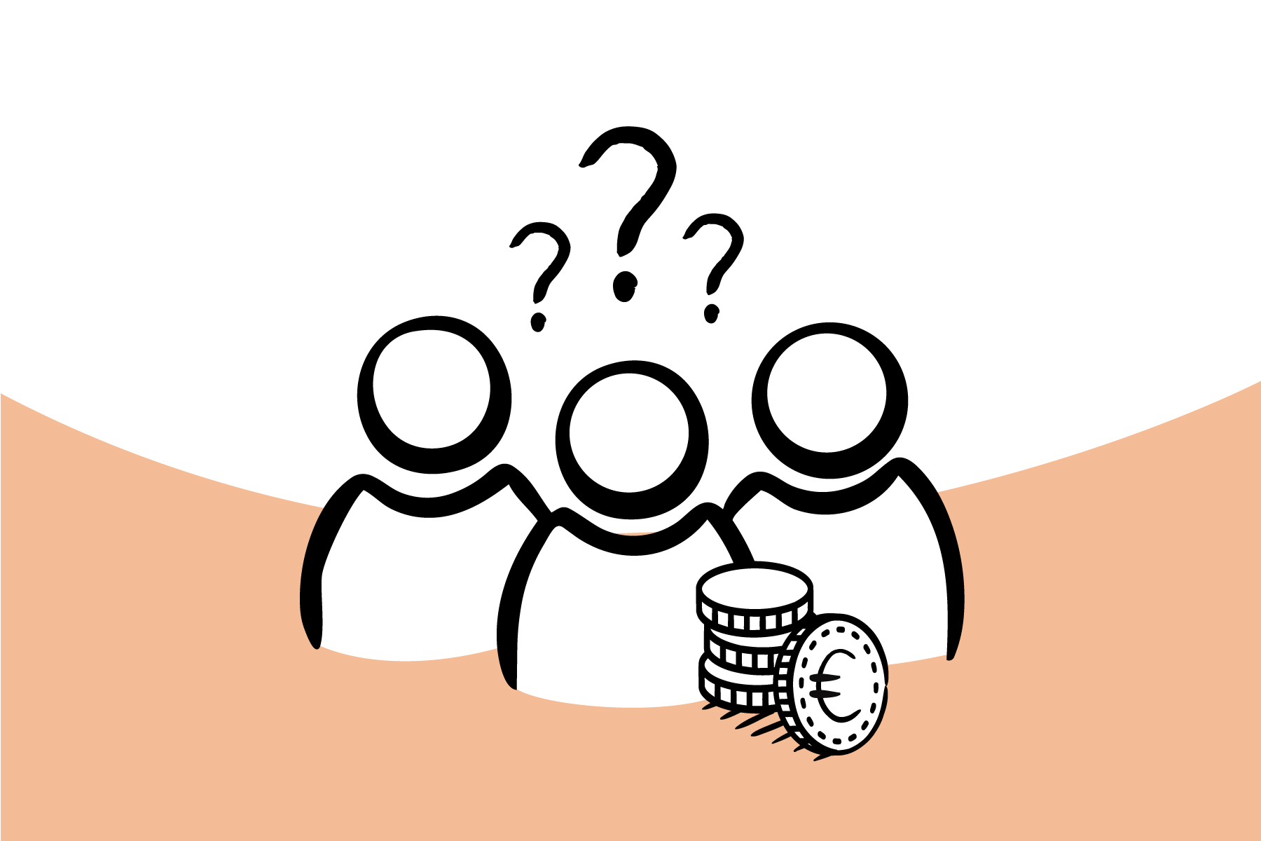 Drei Personen mit Fragezeichen über ihren Köpfen, daneben ein Stapel Münzen. Symbolisiert die Unsicherheit und Faktoren bei Kaufentscheidungen.