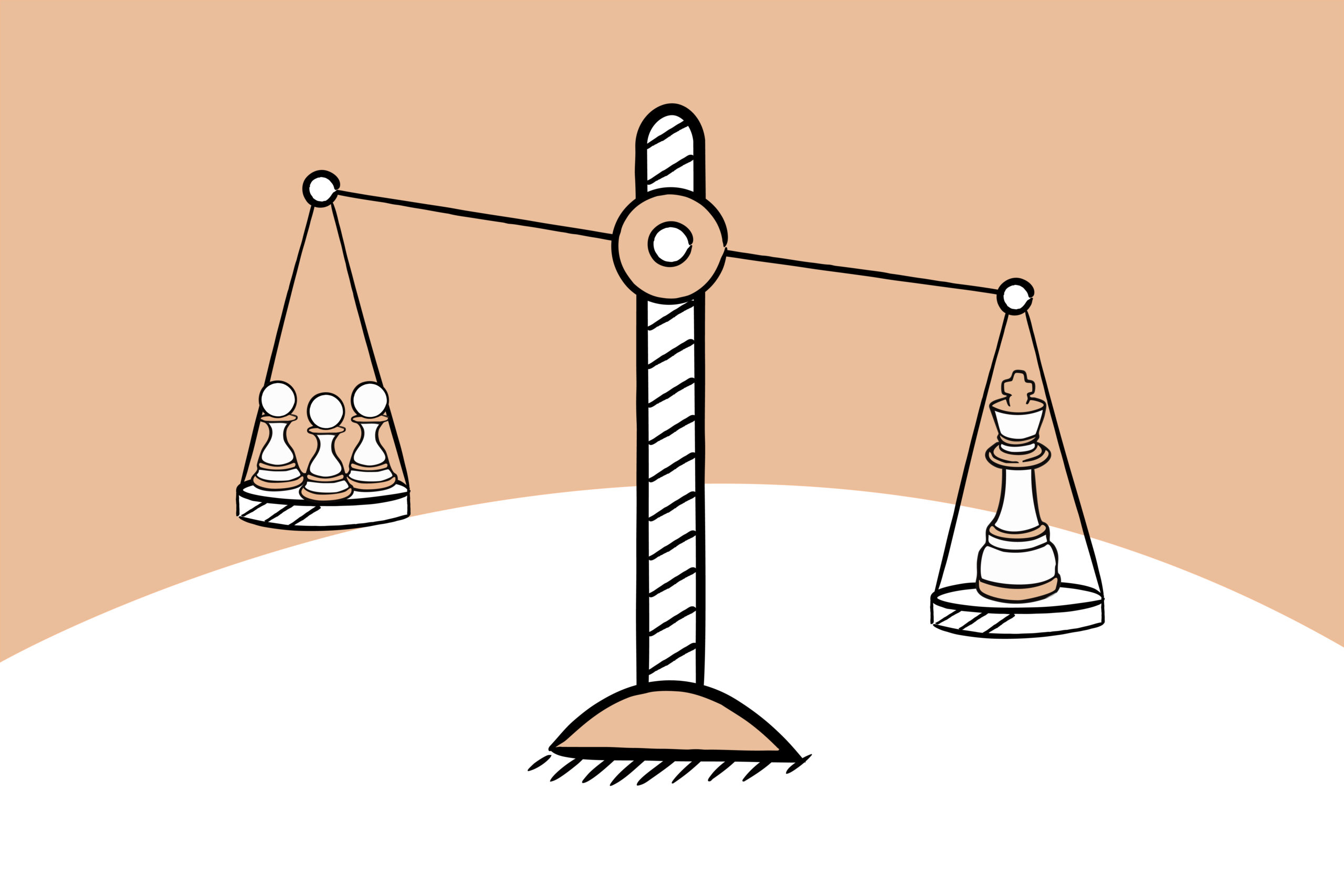 Waage mit drei Bauernfiguren und einer Schachkönig-Figur als Symbol für Wettbewerbsanalyse, Positionierung und Marken-Differenzierung.