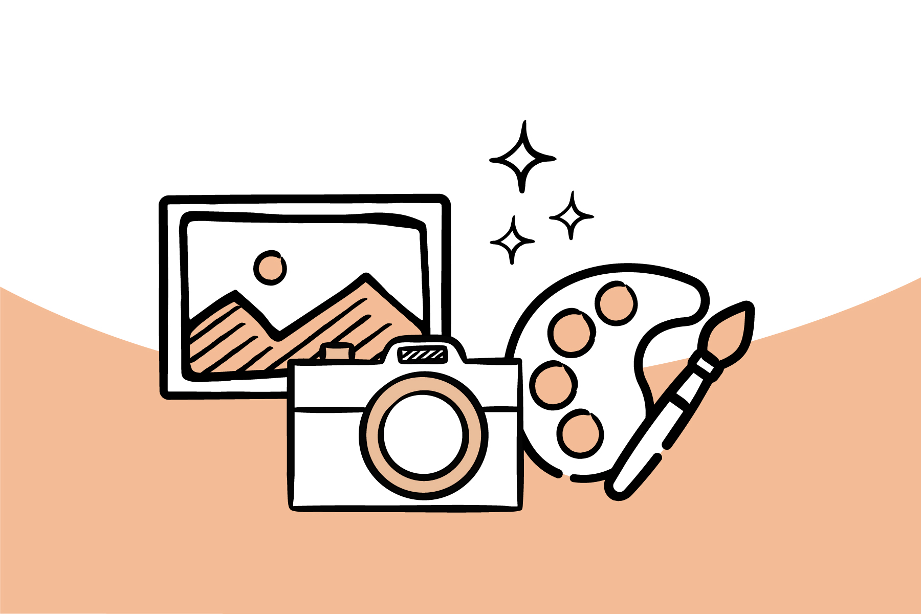 Illustration von Fotografie und Malerei: Kamera, Farbpalette, Pinsel und Landschaftsbild in minimalistischer Stil.