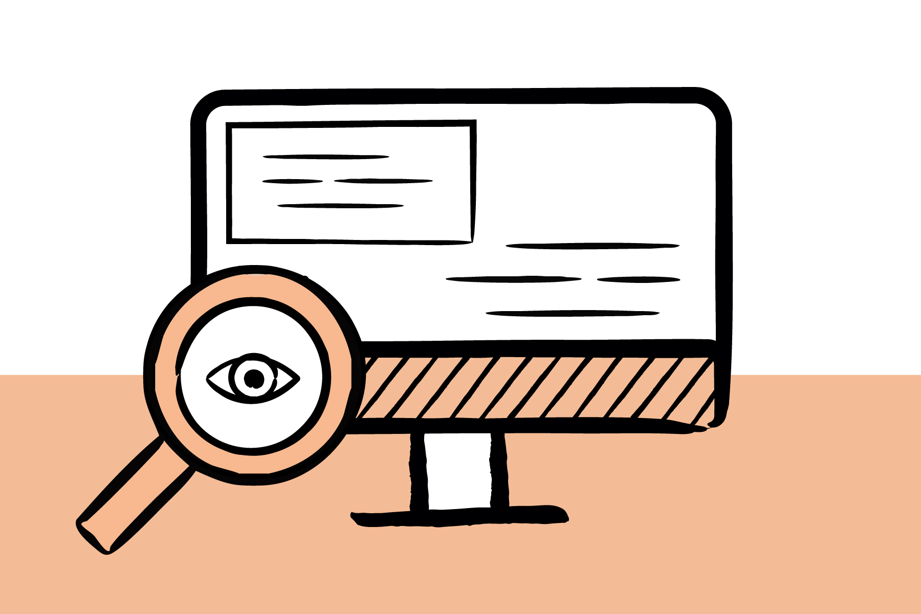 Illustration eines Computerbildschirms mit Textfeldern und einer Lupe, in der ein Auge dargestellt ist, als Symbol für Suchmaschinenoptimierung und Content-Analyse.