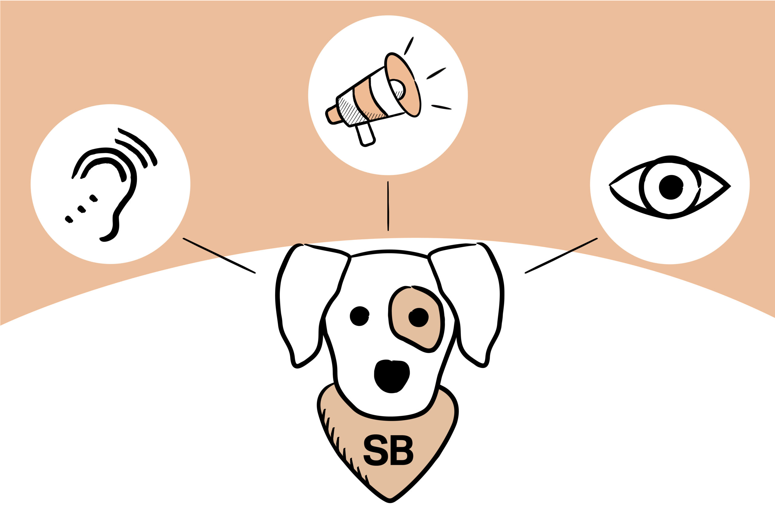 Abgebildet sind ein Hundekopf mit Einem Ohr, einem Megafon und einem Auge darüber