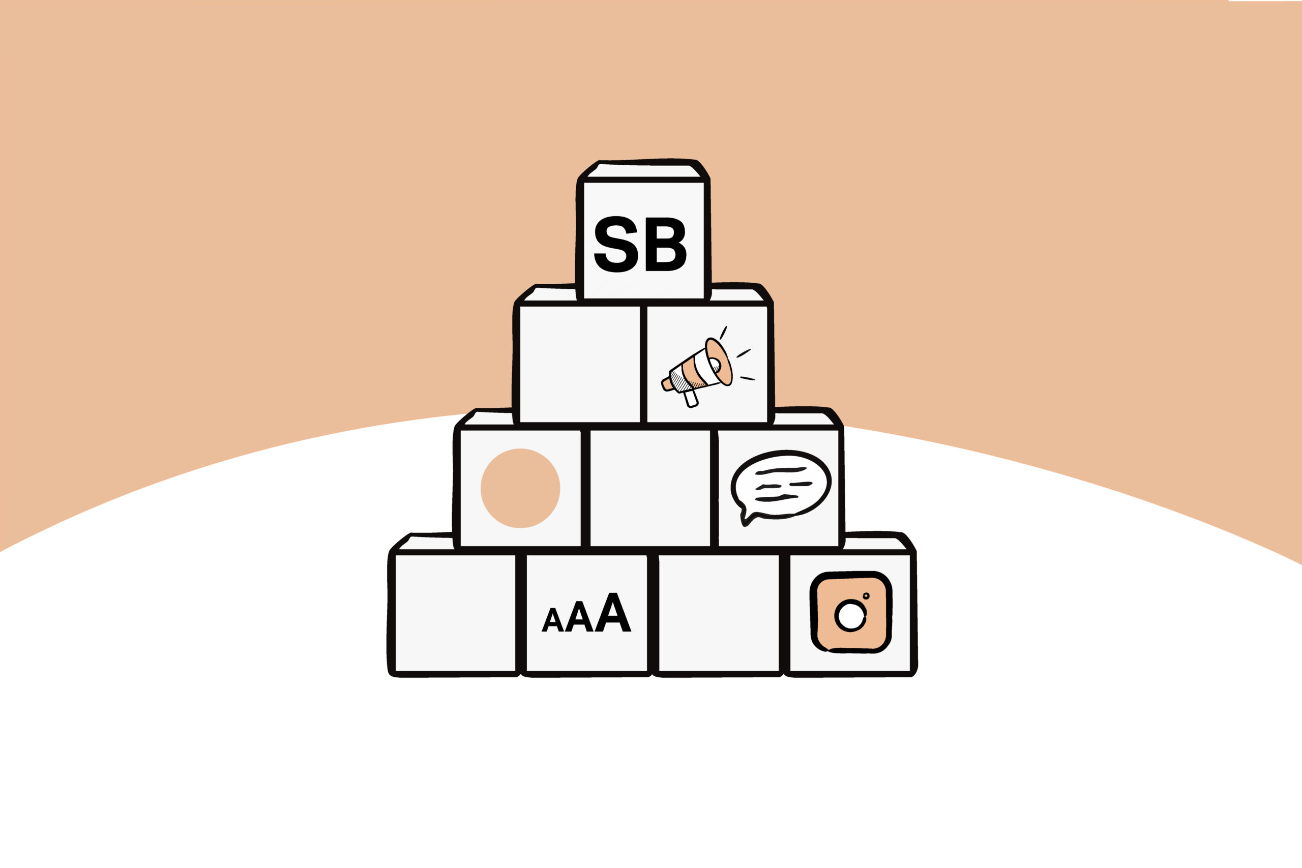 Zu sehen eine Pyramide aus Klöotzen, in denen Abgebildet das SPITZBUB Logo, ein Megafon, eine Sprechblase, ein Kamerasymbol, ein Farbkreis und eine Abbildung für Typografie zu sehen sind.