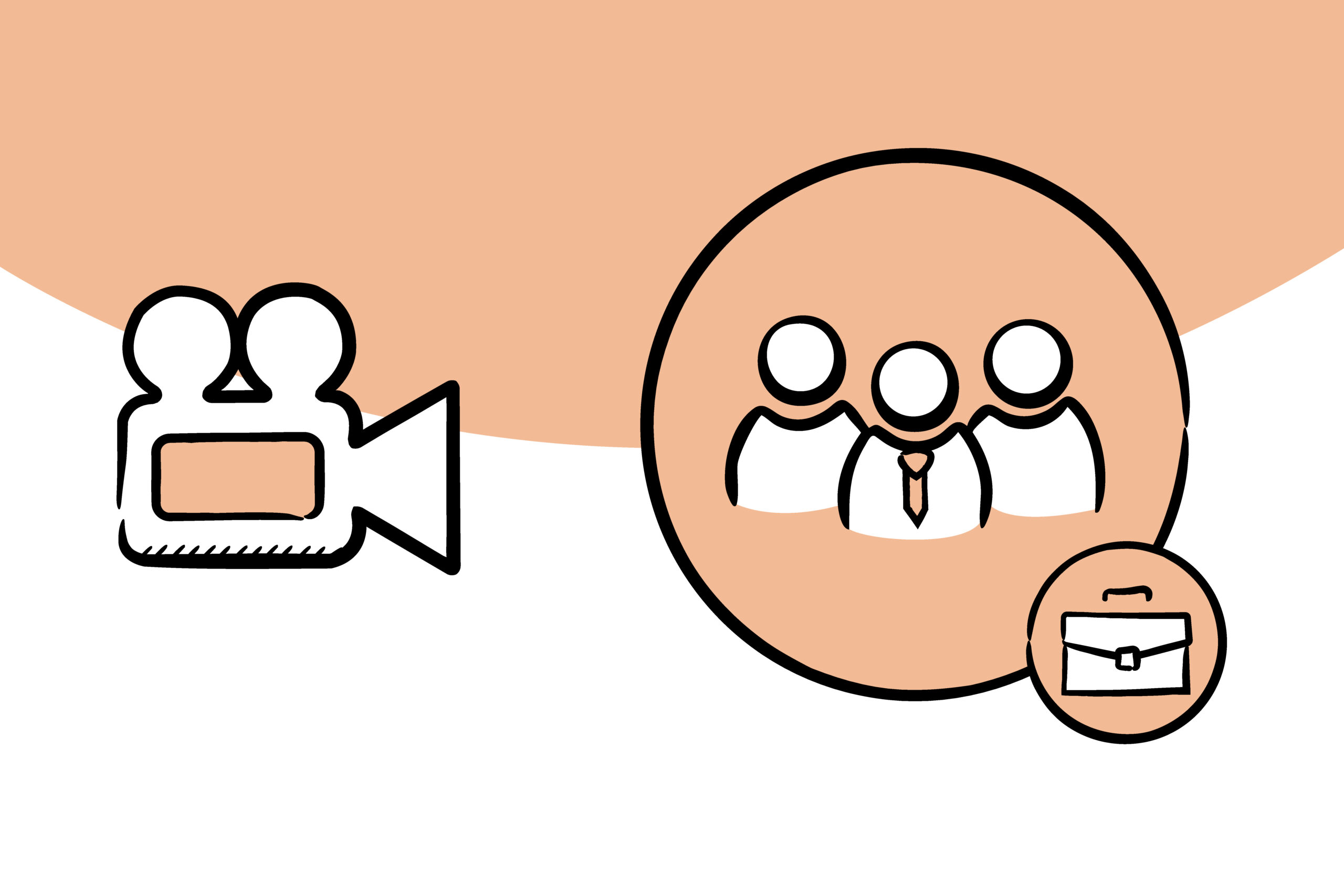 Links eine Kamera und rechts eine Bubble mit drei Figuren, von denen die vorderste eine Krawatte trägt und ein kleine Bubble weiter rechts mit einer Aktentasche.