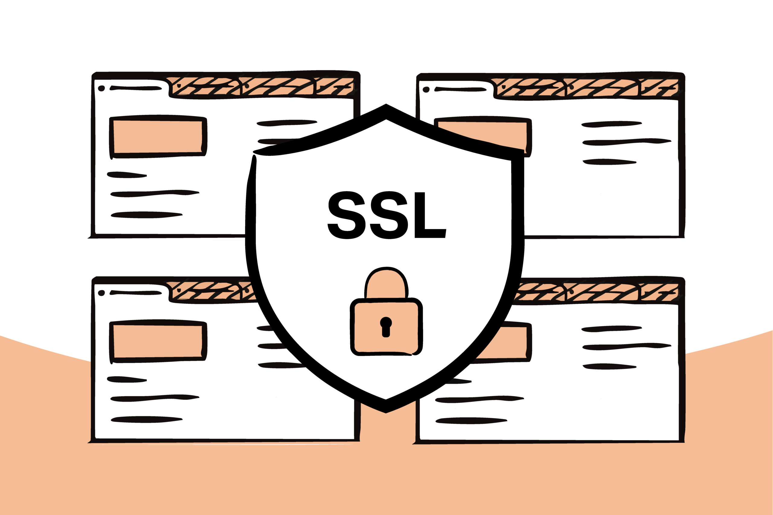 Im Vordergrund ein Schild mit der Aufschrift SSL und einem Schloss-Symbol darunter. Im Hintergrund Vier angedeutete Webseiten.